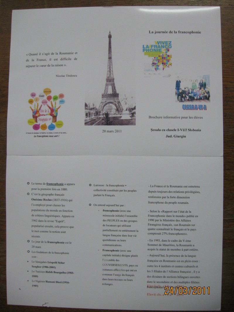 Elevii cls. aVI-a au realizat un pliant cu date despre francophoniecare a fost afisat pe holul scolii.